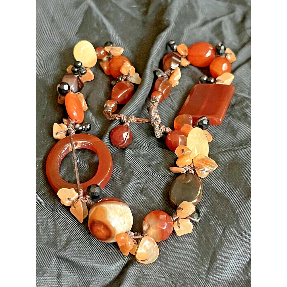 Vintage Carnelian & Agate Gemstone Beaded Necklace 19.5" Long Statement Necklace
